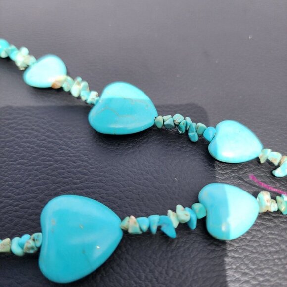 Blue Turquoise Gems Round Heart-shaped Beads Necklace 18'' - Picture 3 of 6